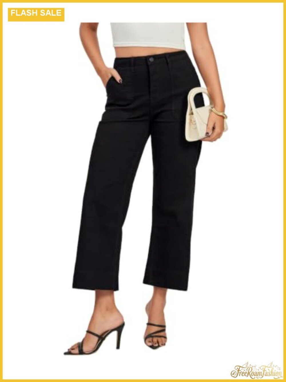 High Waisted Wide Leg Jeans for Women Cropped Stretchy Denim Pants with Pockets